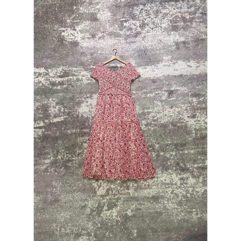 Steve Madden Maxi Ruched Dress Red Floral Faux Wrap Fluttered Sleeve M Medium